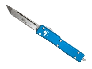 Microtech UTX-70 2.41" OTF Stonewashed Fully Serrated Tanto, Blue