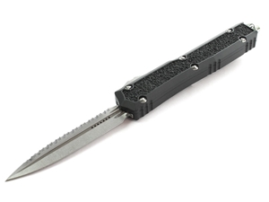 Microtech Makora 3.3" OTF Stonewashed Serrated Double Edge Dagger, Black Stippling